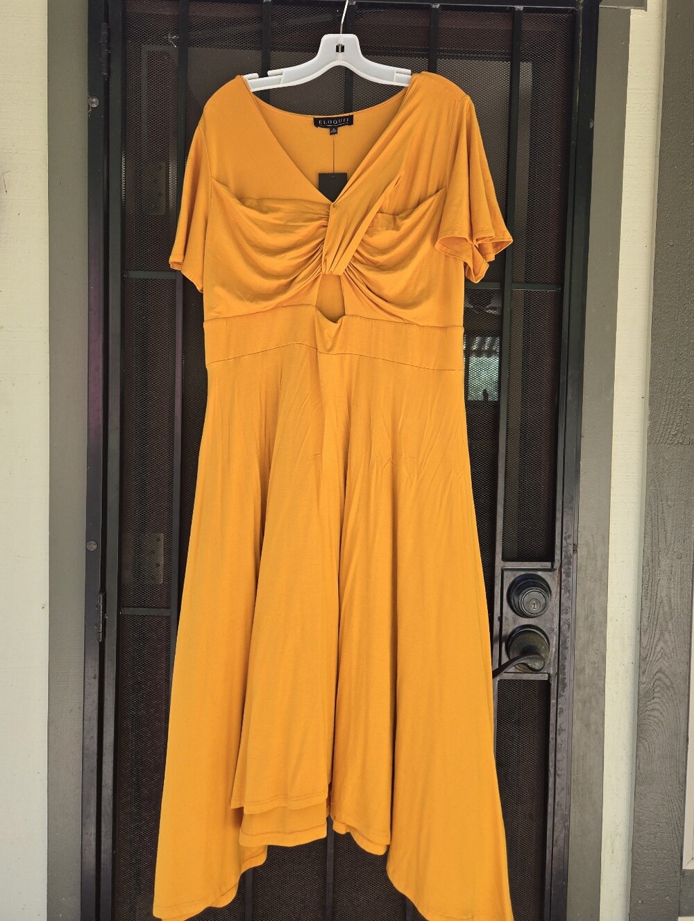 Eloquii Mustard Twist-Front Hankerchief Hem Midi Dress 18W